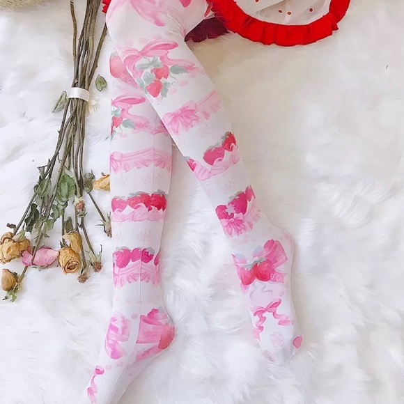 Kawaii Strawberry Lolita Stocking Socks Pink Bows - Picture 10 of 10